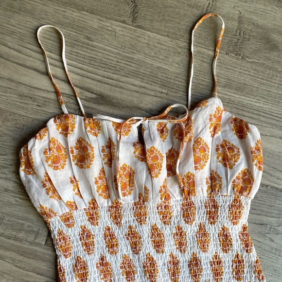 NWT J. Crew Smocked Linen Dress In Gathered Floral Block Print White/Orange SZ 4 - Picture 4 of 15